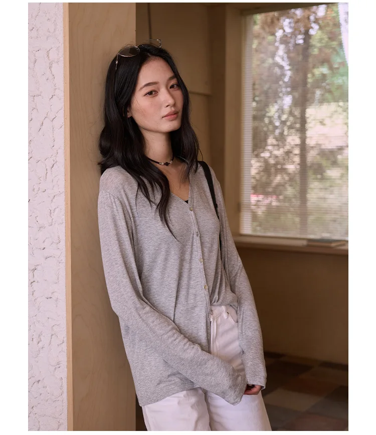Spring Summer V Neck Cardigan For Women Silk Wool Skin-friendly Knitwear Lightweight Buttoned Coat