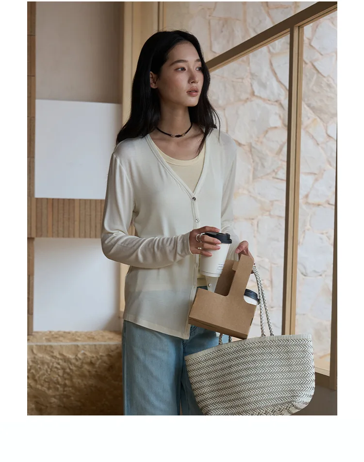Spring Summer V Neck Cardigan For Women Silk Wool Skin-friendly Knitwear Lightweight Buttoned Coat