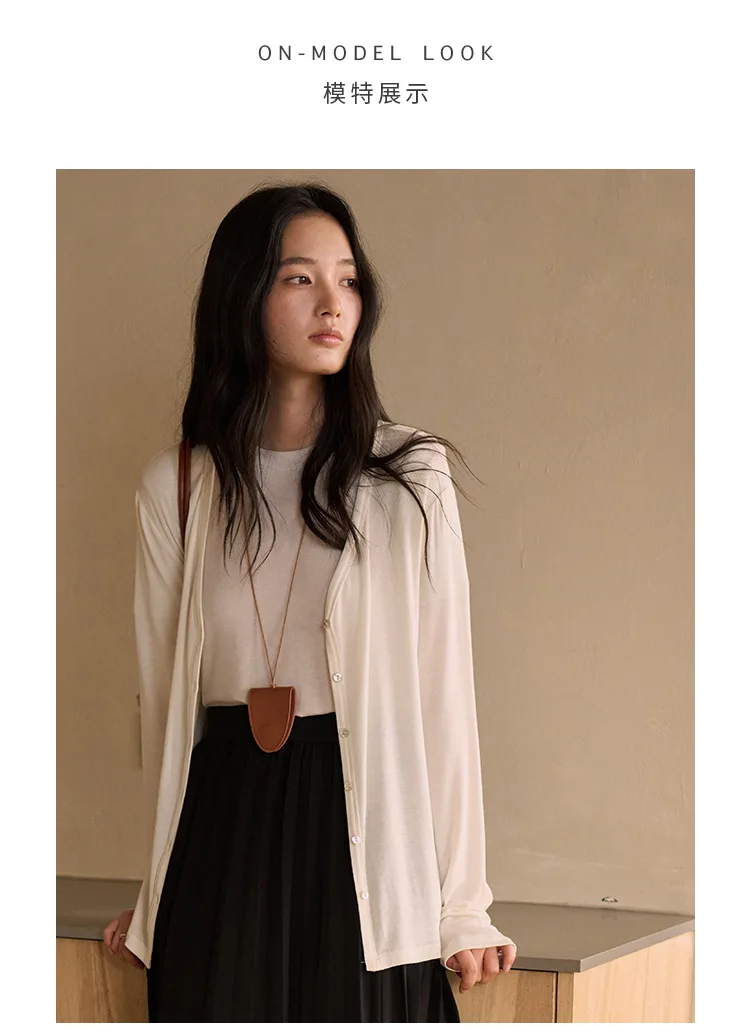 Spring Summer V Neck Cardigan For Women Silk Wool Skin-friendly Knitwear Lightweight Buttoned Coat