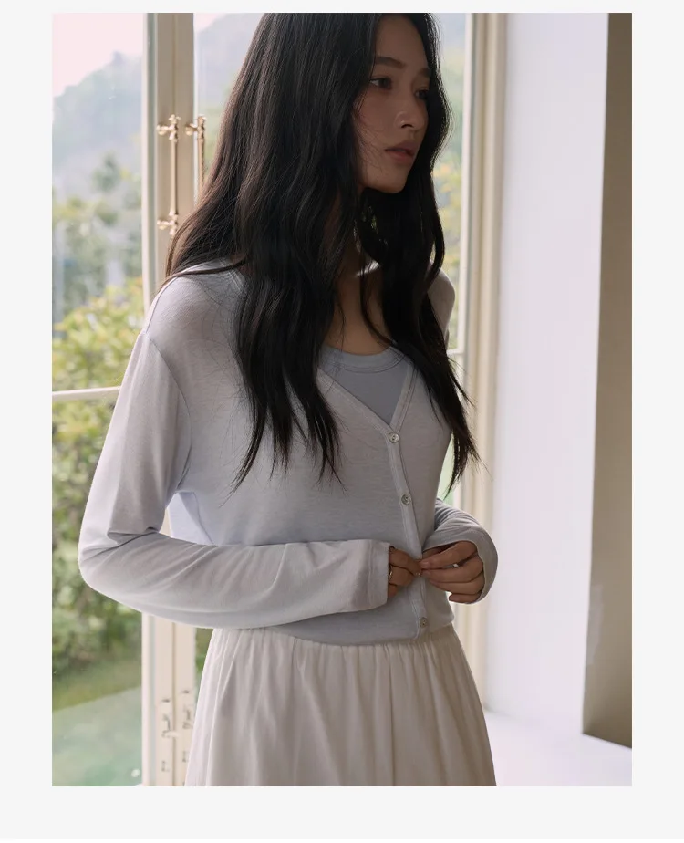 Spring Summer V Neck Cardigan For Women Silk Wool Skin-friendly Knitwear Lightweight Buttoned Coat