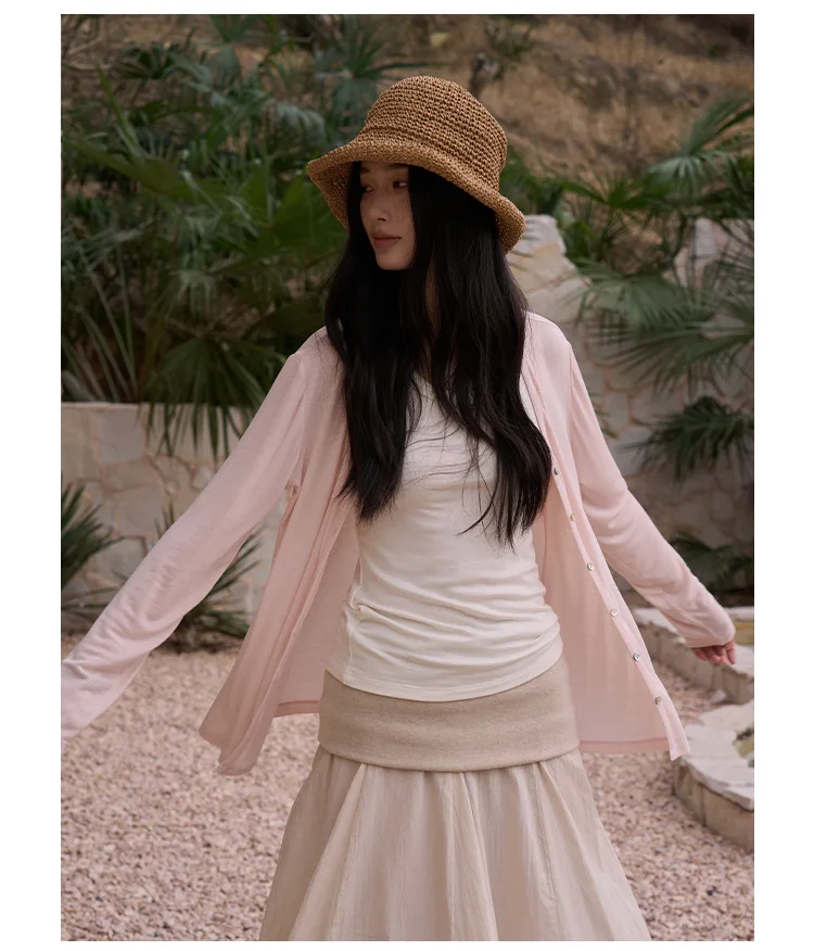 Spring Summer V Neck Cardigan For Women Silk Wool Skin-friendly Knitwear Lightweight Buttoned Coat
