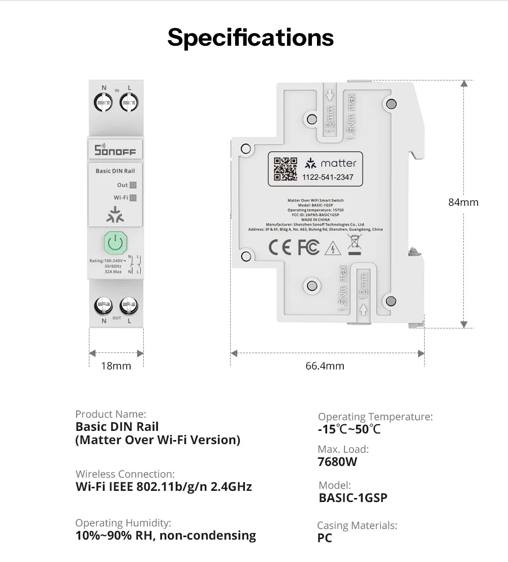 SONOFF BASIC-1GSP Basic Single-Channel DIN Rail Switch Matter WiFi Energy Consumption Monitoring Overload Protection Up to 32A