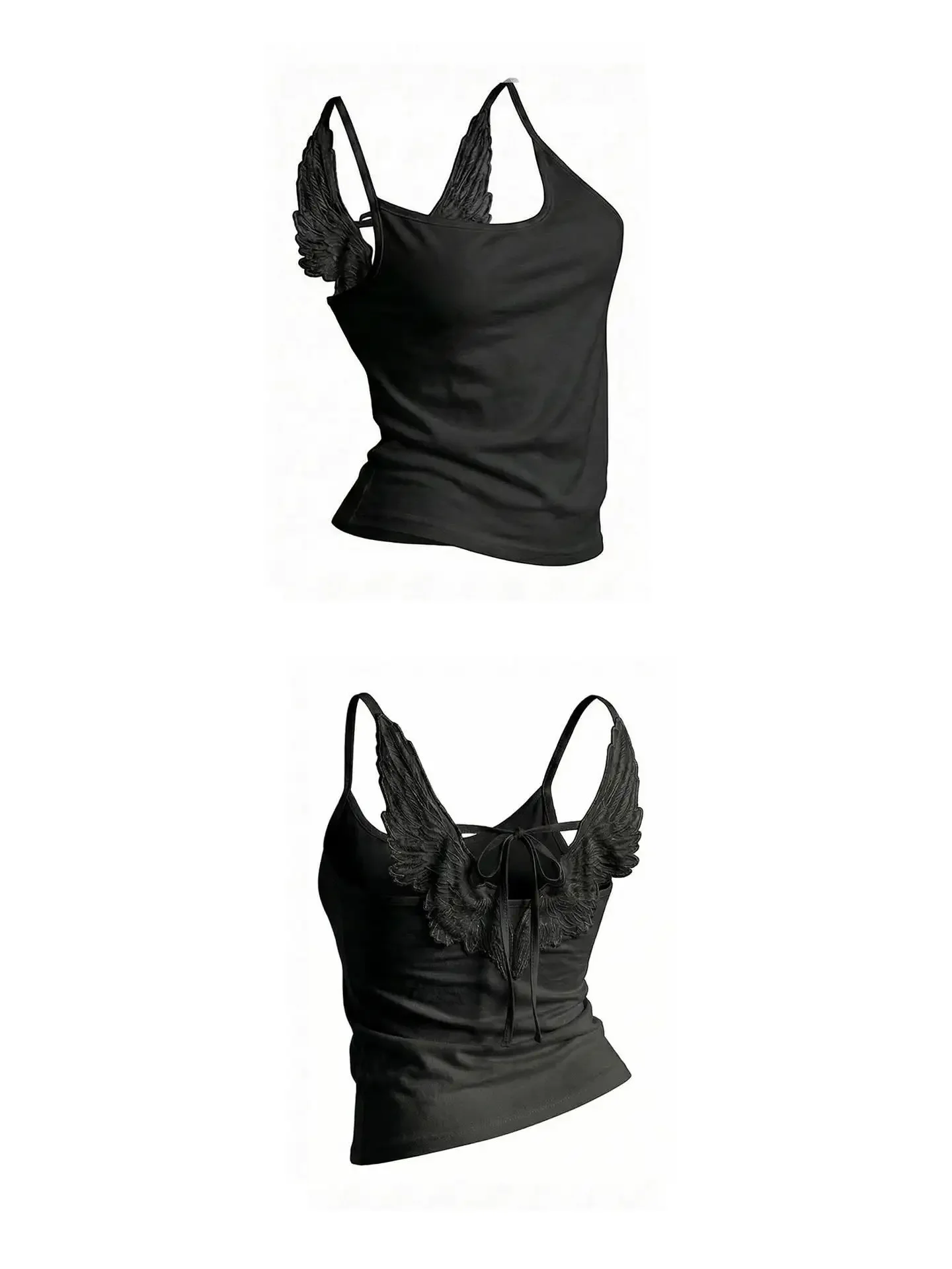 Angel Wings Vest 3D Embossed Wings Embroidery Spaghetti Strap Vest Y2K Women Gothic Fashion Summer Sexy Slim Backless Short Top
