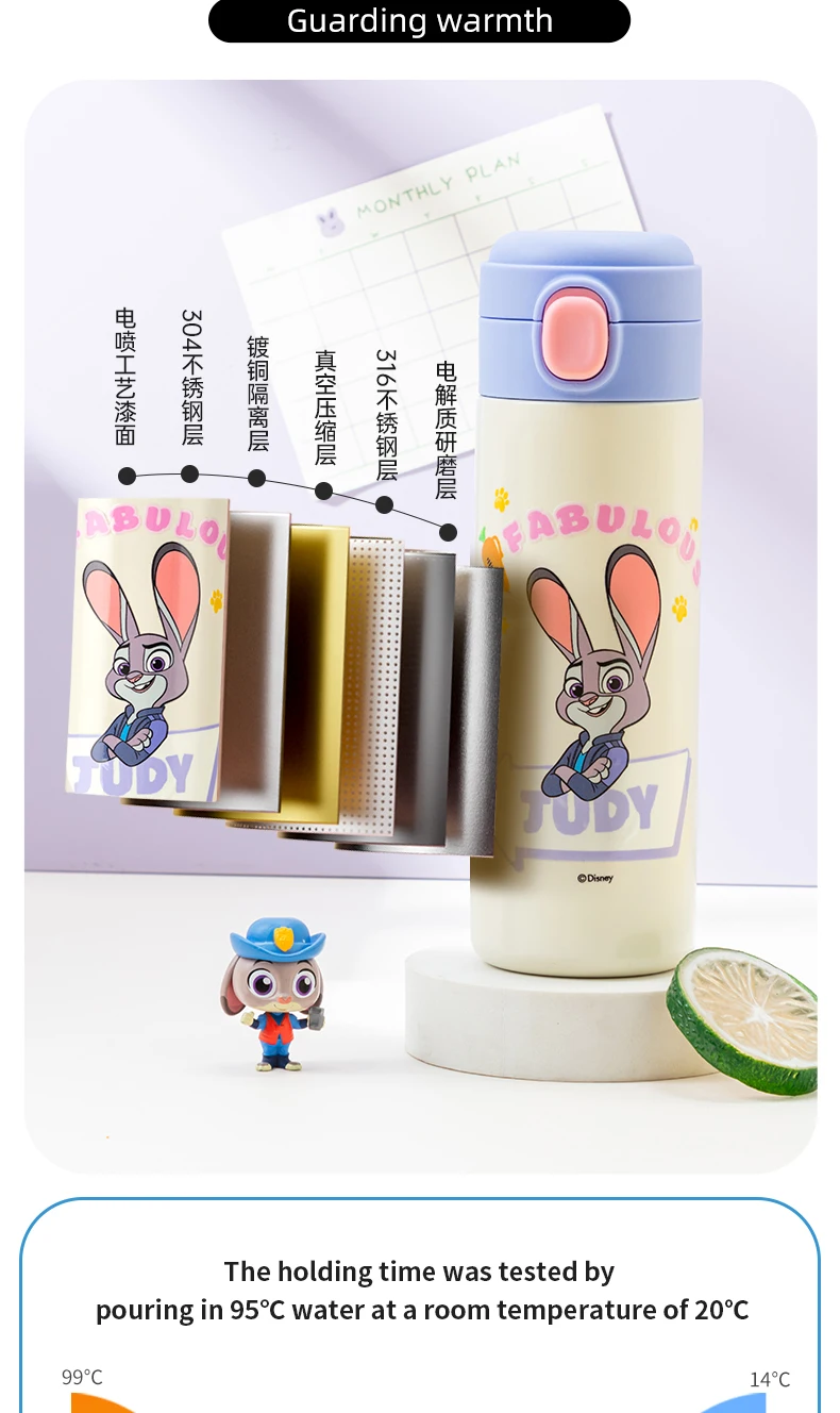 Disney Children's 316 Stainless Steel Insulated Cup for Primary School Students, Direct Drinking Straw Cup, Double Drinking Cup