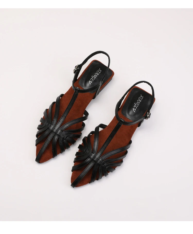 ZAROY Women Roman Sandals Summer Low Heel Ankle Strap Buckle Sandals Pointed Toe Hollowed Out T-strap Sandalias сандали