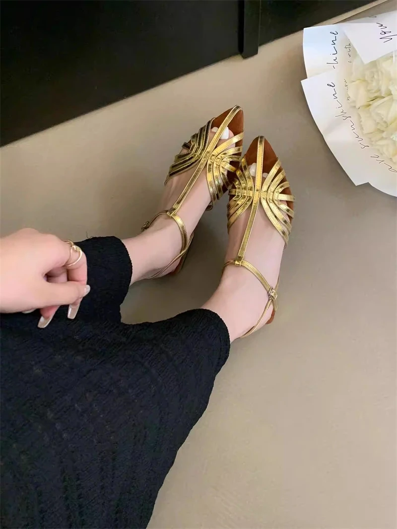 ZAROY Women Roman Sandals Summer Low Heel Ankle Strap Buckle Sandals Pointed Toe Hollowed Out T-strap Sandalias сандали