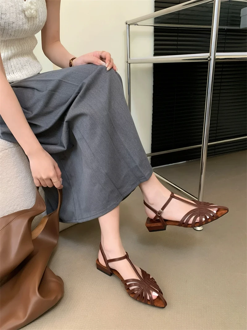 ZAROY Women Roman Sandals Summer Low Heel Ankle Strap Buckle Sandals Pointed Toe Hollowed Out T-strap Sandalias сандали