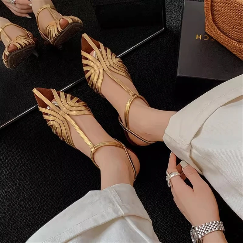ZAROY Women Roman Sandals Summer Low Heel Ankle Strap Buckle Sandals Pointed Toe Hollowed Out T-strap Sandalias сандали