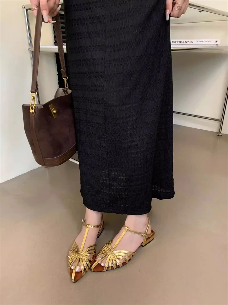 ZAROY Women Roman Sandals Summer Low Heel Ankle Strap Buckle Sandals Pointed Toe Hollowed Out T-strap Sandalias сандали