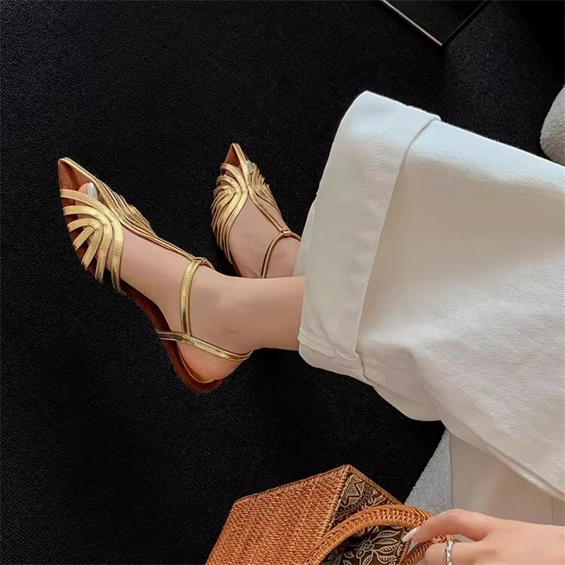 ZAROY Women Roman Sandals Summer Low Heel Ankle Strap Buckle Sandals Pointed Toe Hollowed Out T-strap Sandalias сандали