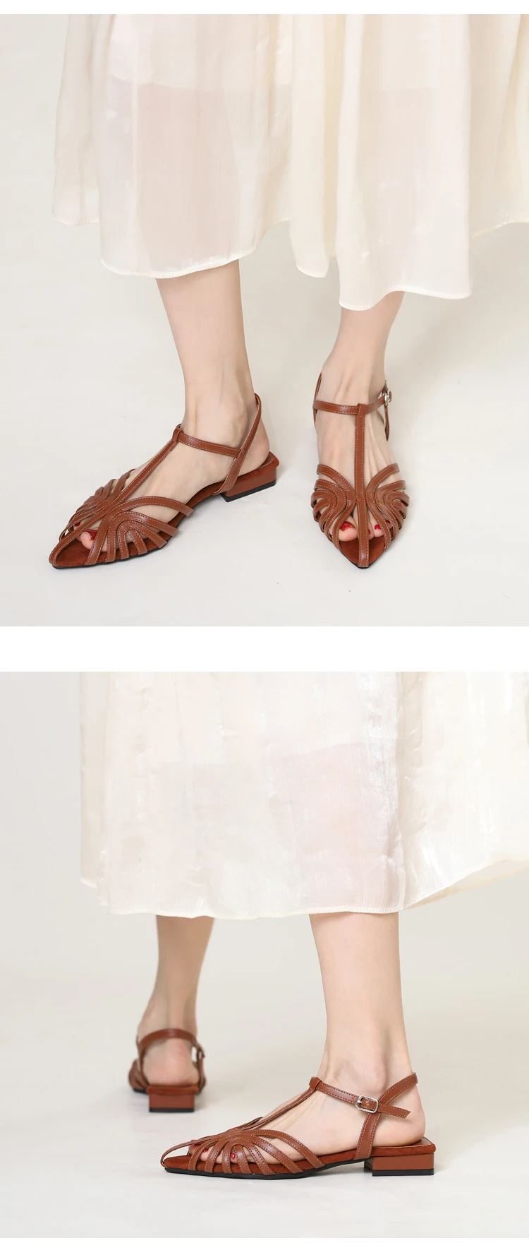 ZAROY Women Roman Sandals Summer Low Heel Ankle Strap Buckle Sandals Pointed Toe Hollowed Out T-strap Sandalias сандали