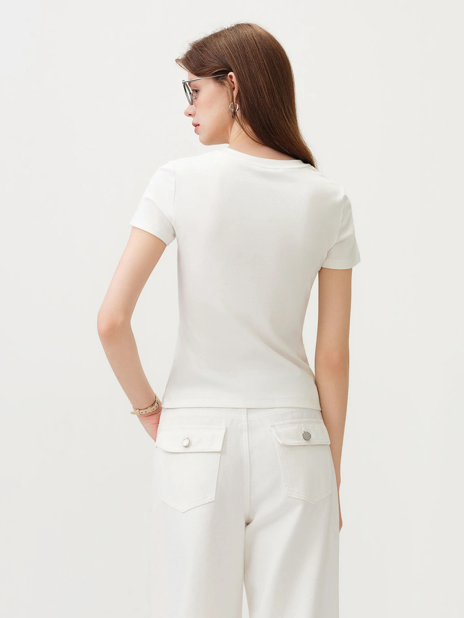 FSLE New Summer Women's Fitted Short Sleeve White T-Shirt with Buttons Soft Cotton Lyocell Office Commute Daily Versatile Top