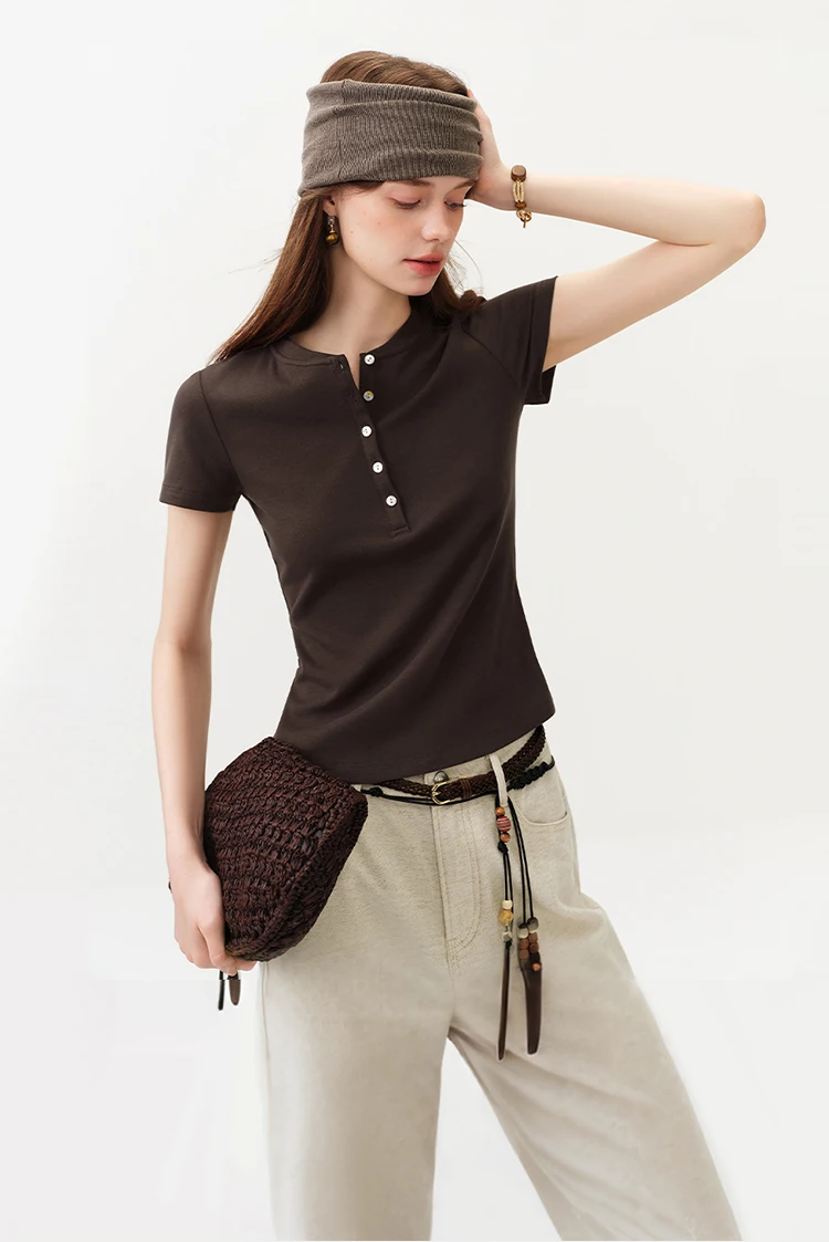 FSLE New Summer Women's Fitted Short Sleeve White T-Shirt with Buttons Soft Cotton Lyocell Office Commute Daily Versatile Top