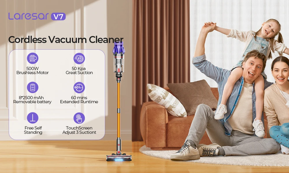 Laresar V7 500W 50000PA Suction Power Cordless Vacuum Cleaner Handheld smart Home Appliance Removable Battery Dust Cup