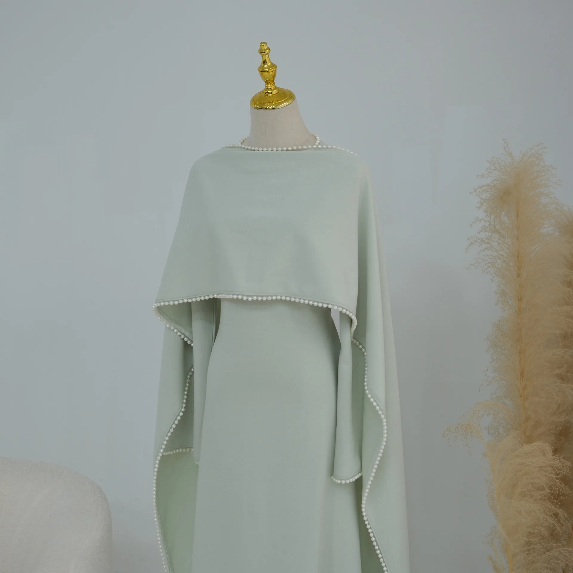 White Pearl Trim Cape Maxi Dress Women Elegant Long Sleeve Cinched Waist Muslim Robes 2026 Spring EID Abaya Lady Dresses