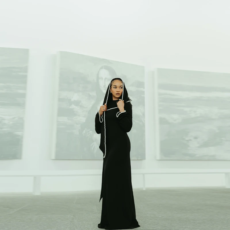 White Pearl Trim Cape Maxi Dress Women Elegant Long Sleeve Cinched Waist Muslim Robes 2026 Spring EID Abaya Lady Dresses