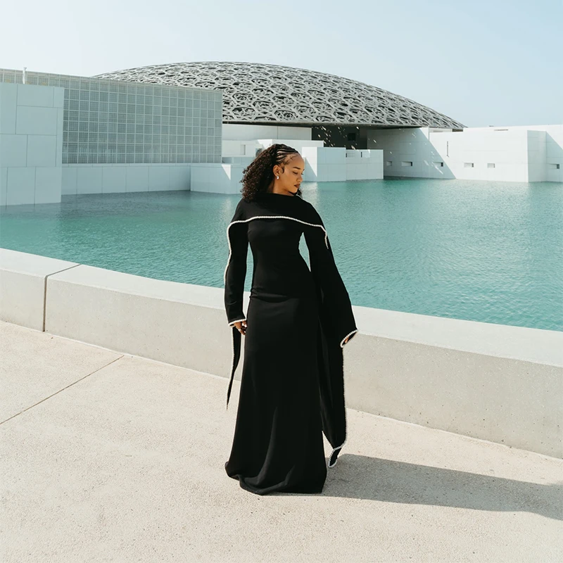 White Pearl Trim Cape Maxi Dress Women Elegant Long Sleeve Cinched Waist Muslim Robes 2026 Spring EID Abaya Lady Dresses