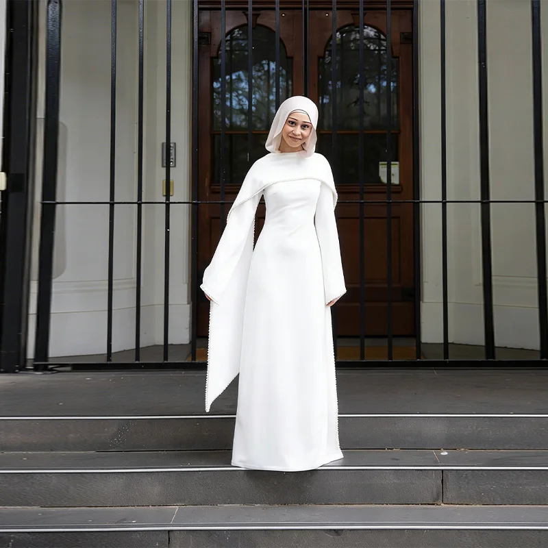 White Pearl Trim Cape Maxi Dress Women Elegant Long Sleeve Cinched Waist Muslim Robes 2026 Spring EID Abaya Lady Dresses