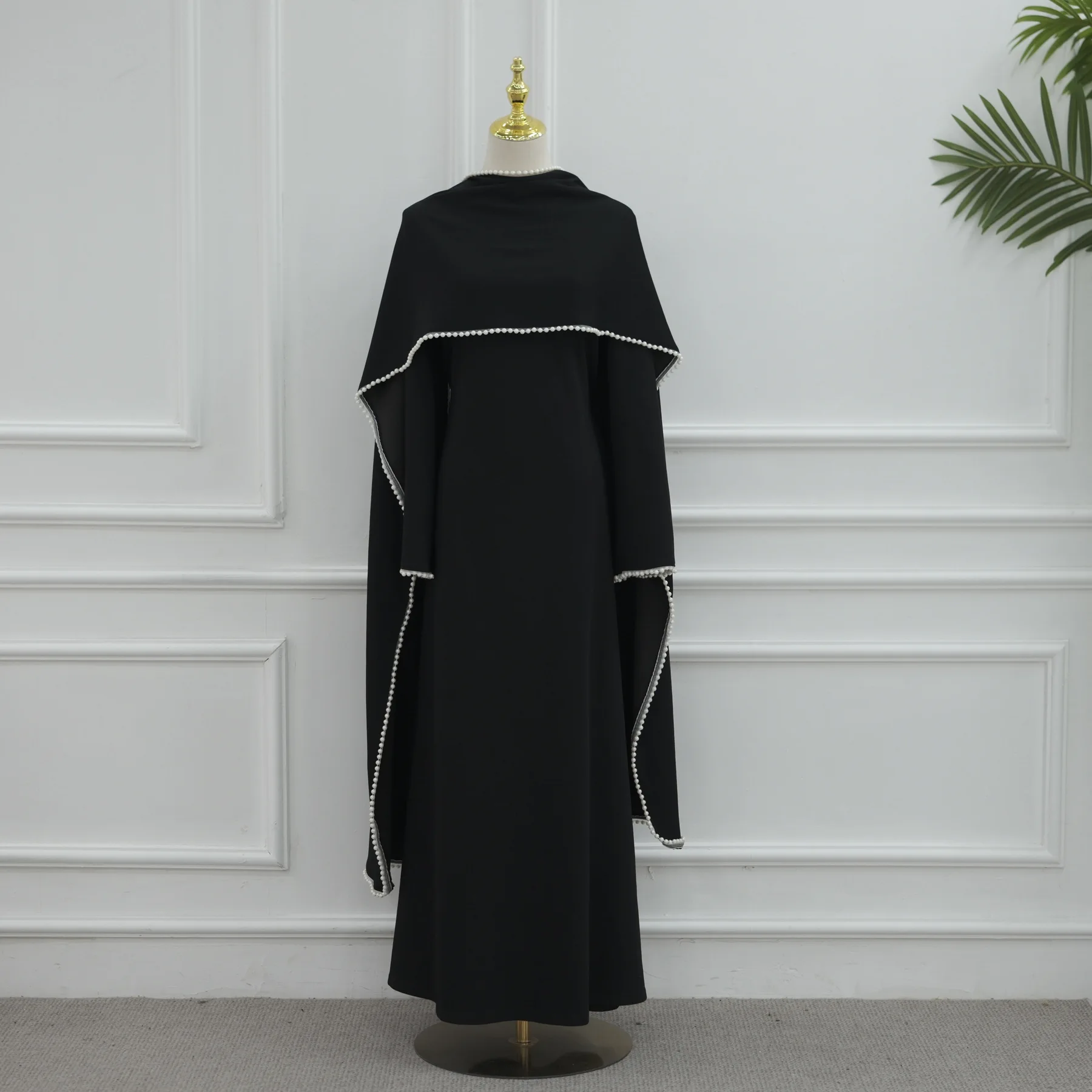 White Pearl Trim Cape Maxi Dress Women Elegant Long Sleeve Cinched Waist Muslim Robes 2026 Spring EID Abaya Lady Dresses