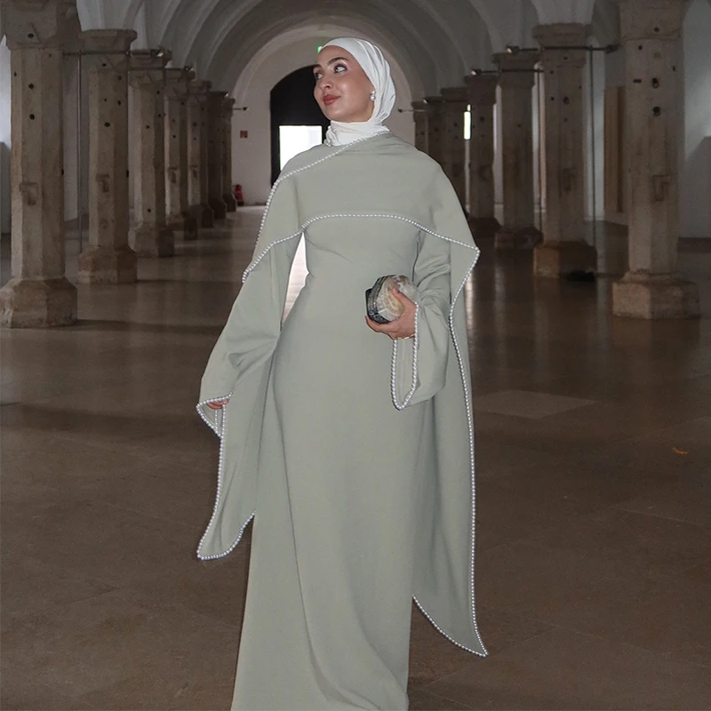 White Pearl Trim Cape Maxi Dress Women Elegant Long Sleeve Cinched Waist Muslim Robes 2026 Spring EID Abaya Lady Dresses