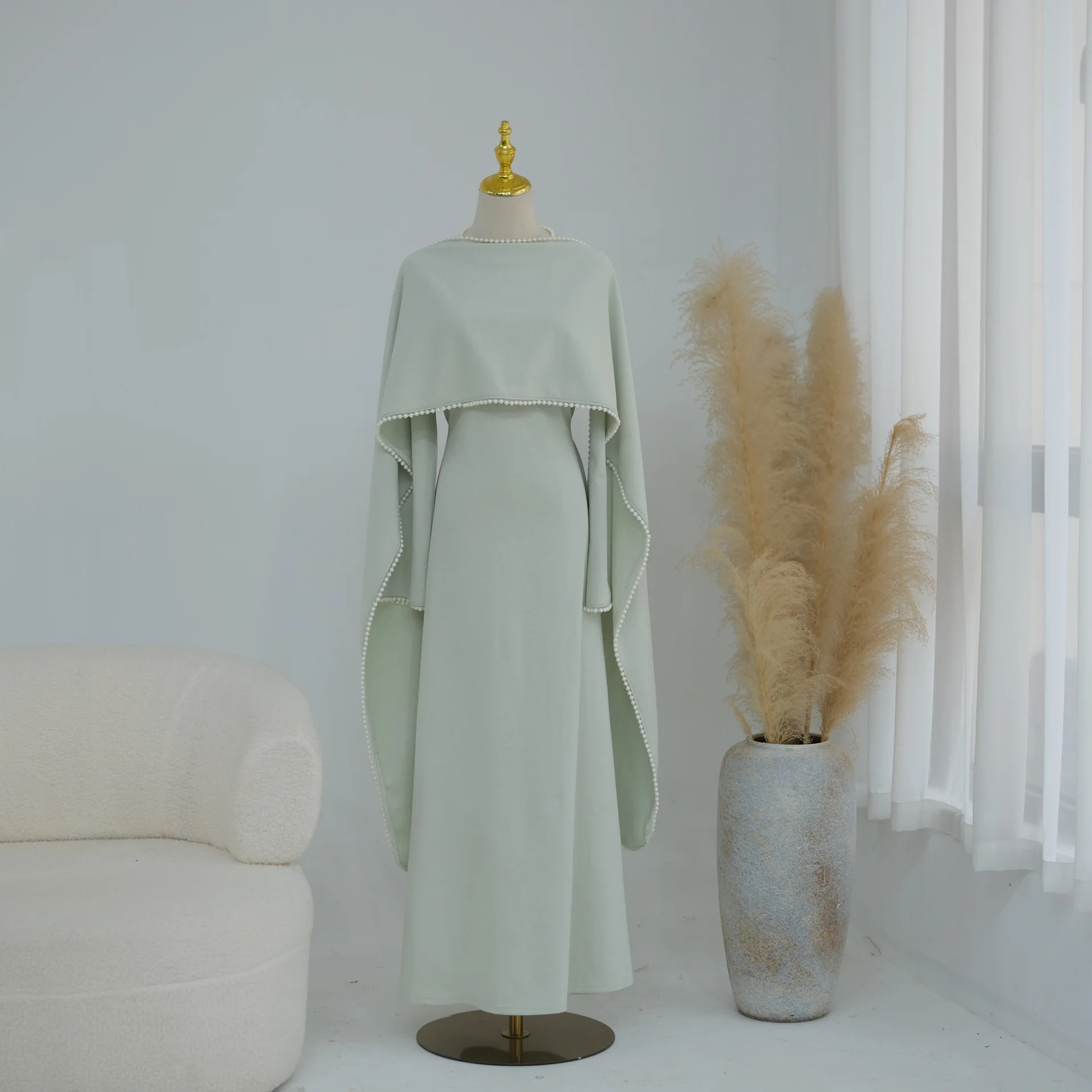 White Pearl Trim Cape Maxi Dress Women Elegant Long Sleeve Cinched Waist Muslim Robes 2026 Spring EID Abaya Lady Dresses