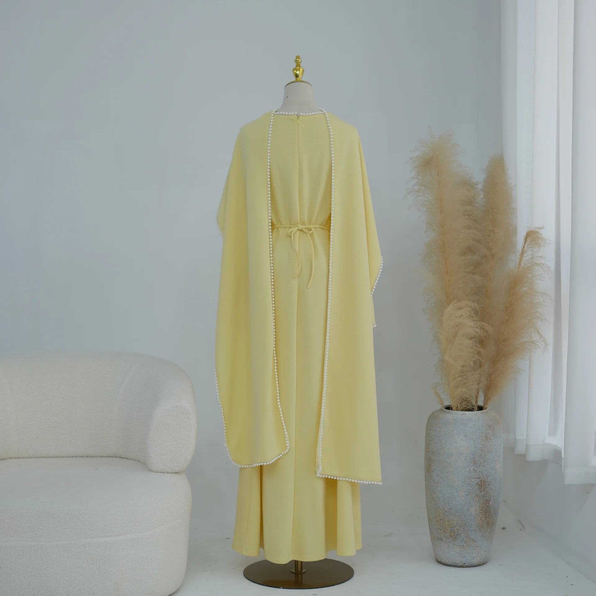 White Pearl Trim Cape Maxi Dress Women Elegant Long Sleeve Cinched Waist Muslim Robes 2026 Spring EID Abaya Lady Dresses