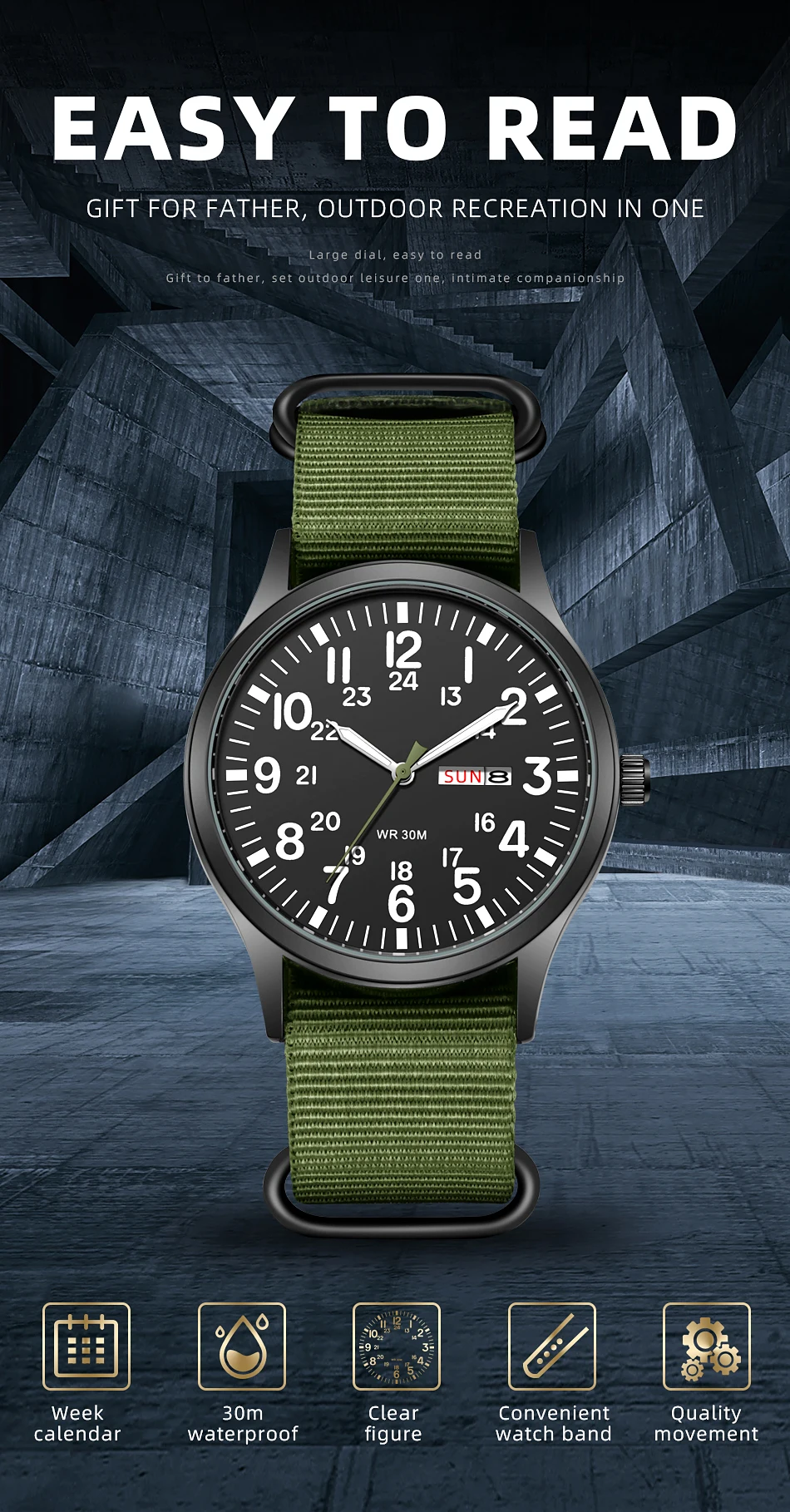 2024 TPW Field Watch Easy Reading Fabric Strap 24 Hours Display Quartz Movement