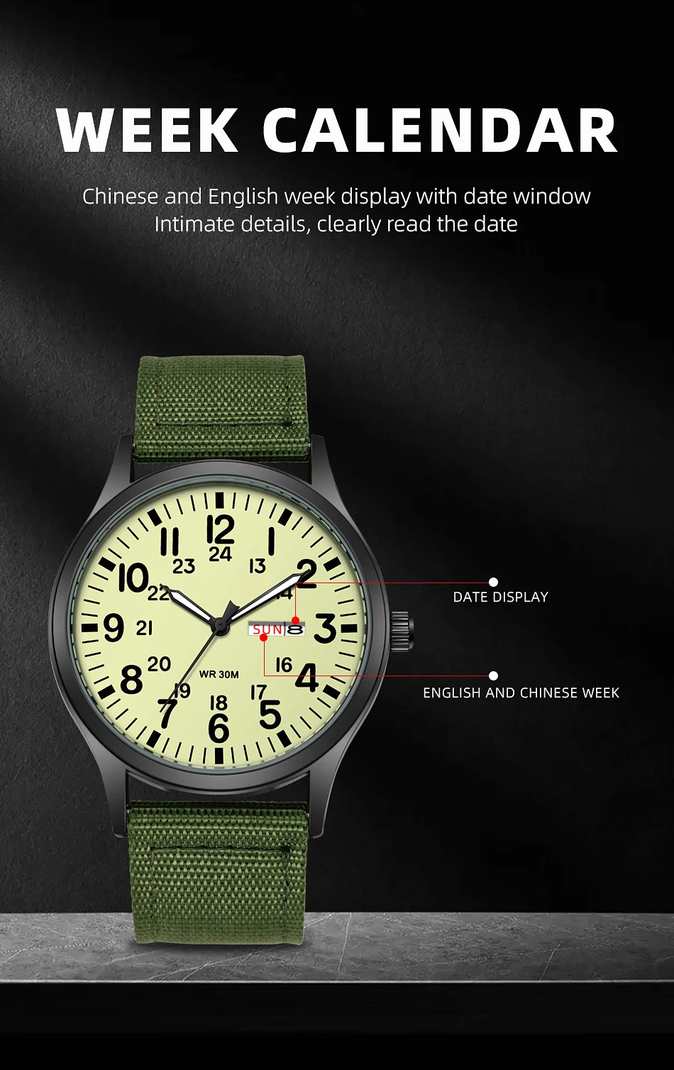 2024 TPW Field Watch Easy Reading Fabric Strap 24 Hours Display Quartz Movement