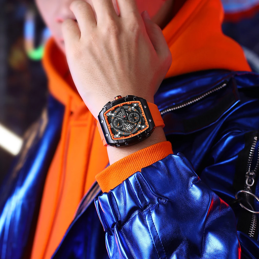 CURREN Fashion men watch brand unique square design luxury quartz sports tape watches men waterproof