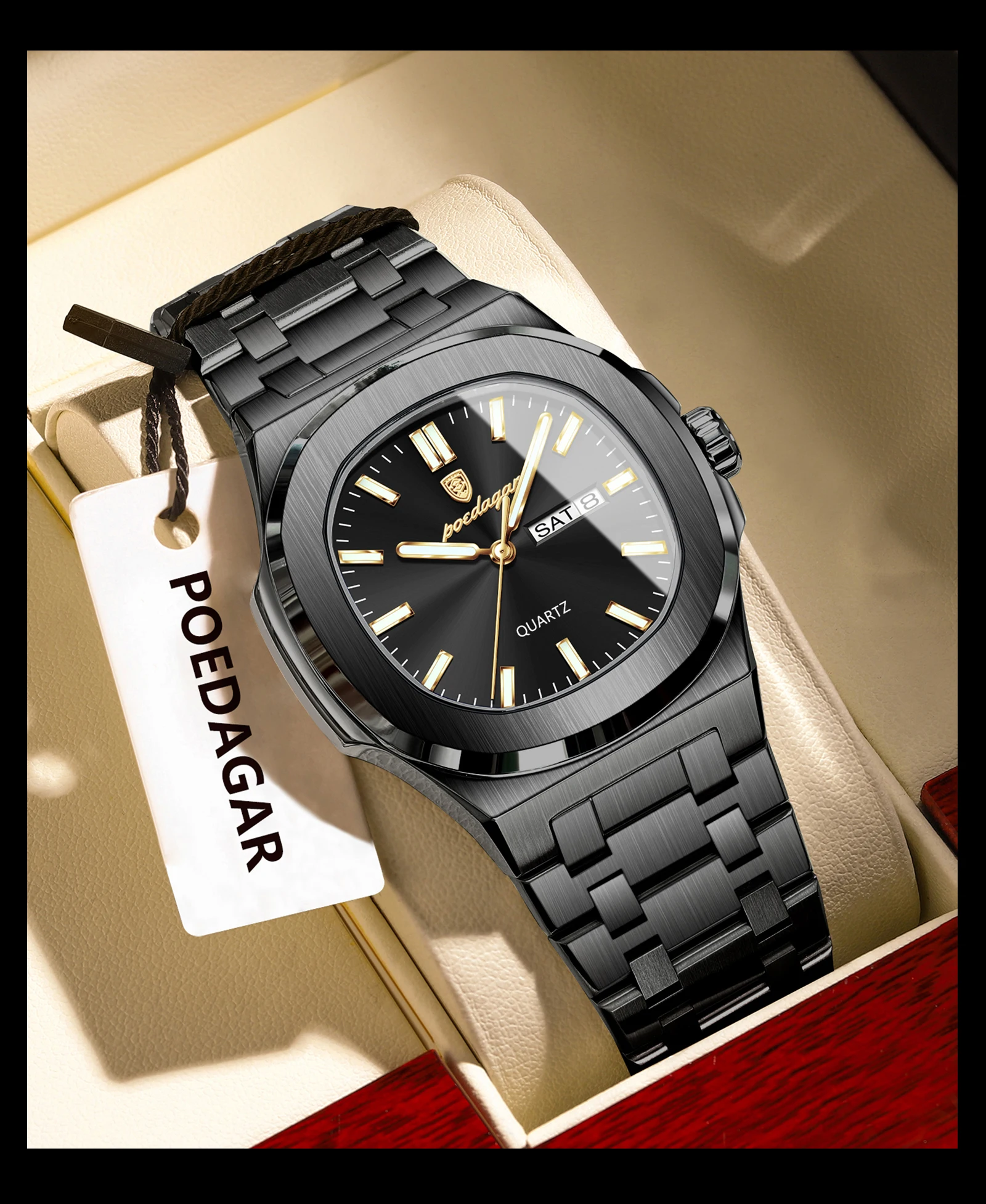 POEDAGAR Luxury Square Men's Watches Waterproof Luminous Date Week Men Watch Stainless Steel Fashion Quartz Man Wristwatch Reloj