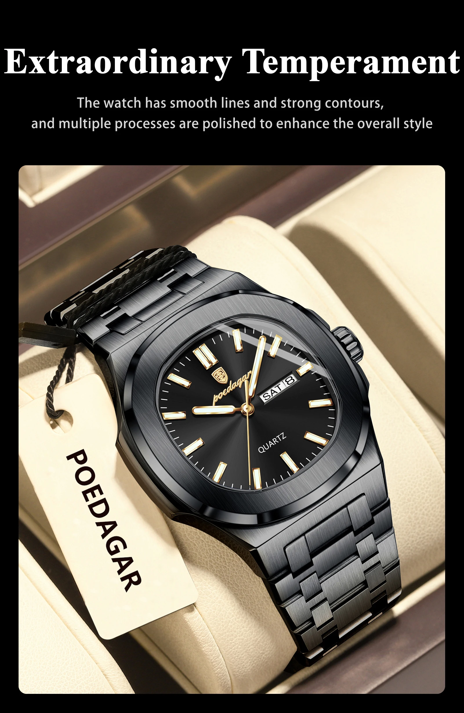 POEDAGAR Luxury Square Men's Watches Waterproof Luminous Date Week Men Watch Stainless Steel Fashion Quartz Man Wristwatch Reloj