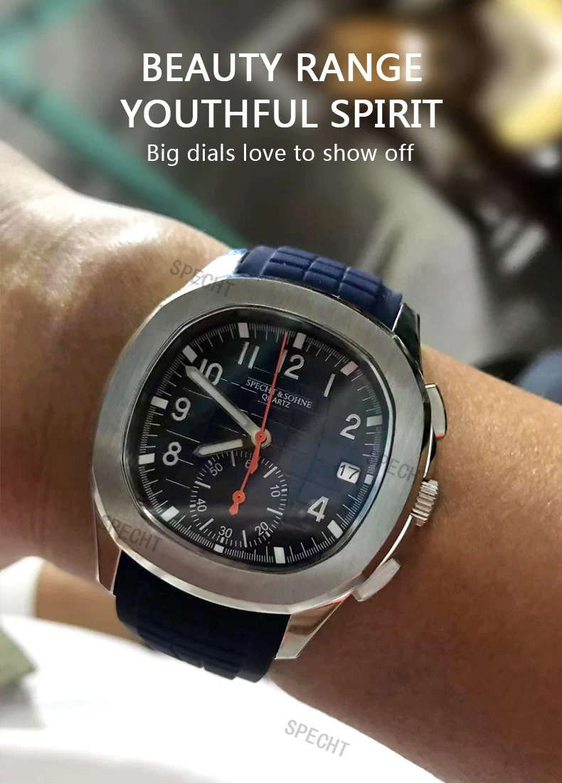 Specht & Söhne New Classic 5167 Men's Watch Orange Color Sapphire Crystal Rubber Srap Sports Male Quartz Watches 50M Waterproof
