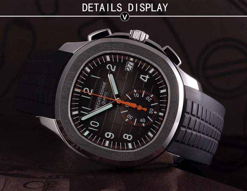 Specht & Söhne New Classic 5167 Men's Watch Orange Color Sapphire Crystal Rubber Srap Sports Male Quartz Watches 50M Waterproof