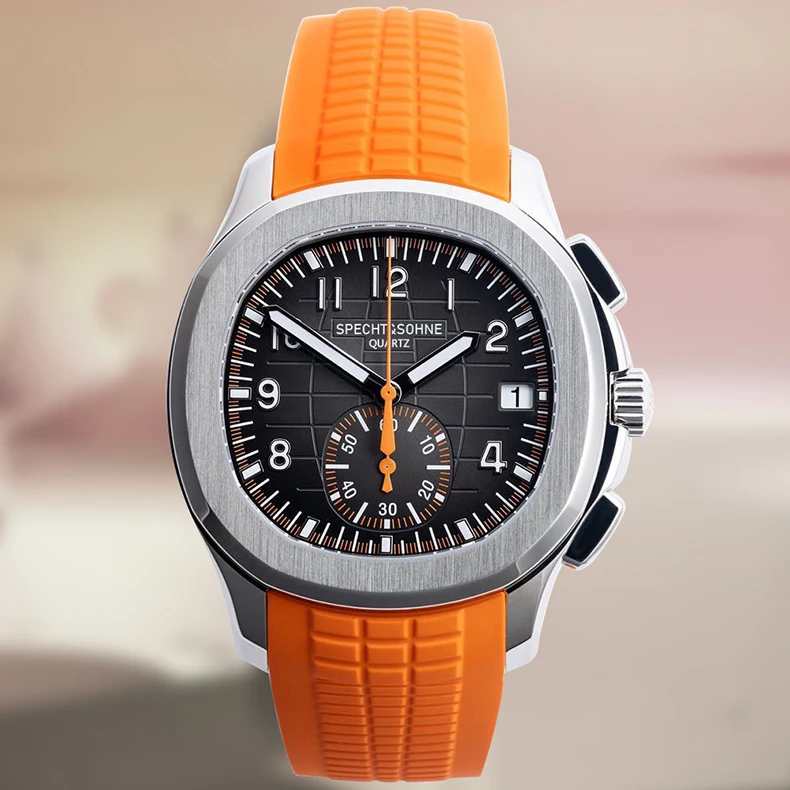 Specht & Söhne New Classic 5167 Men's Watch Orange Color Sapphire Crystal Rubber Srap Sports Male Quartz Watches 50M Waterproof