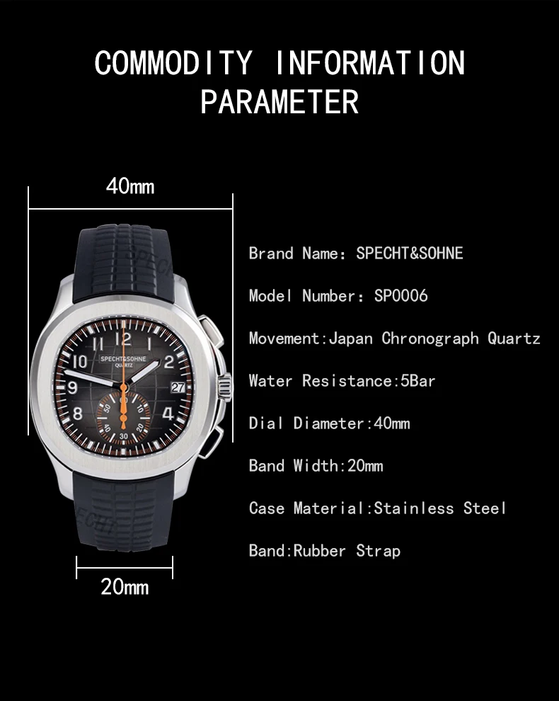 Specht & Söhne New Classic 5167 Men's Watch Orange Color Sapphire Crystal Rubber Srap Sports Male Quartz Watches 50M Waterproof