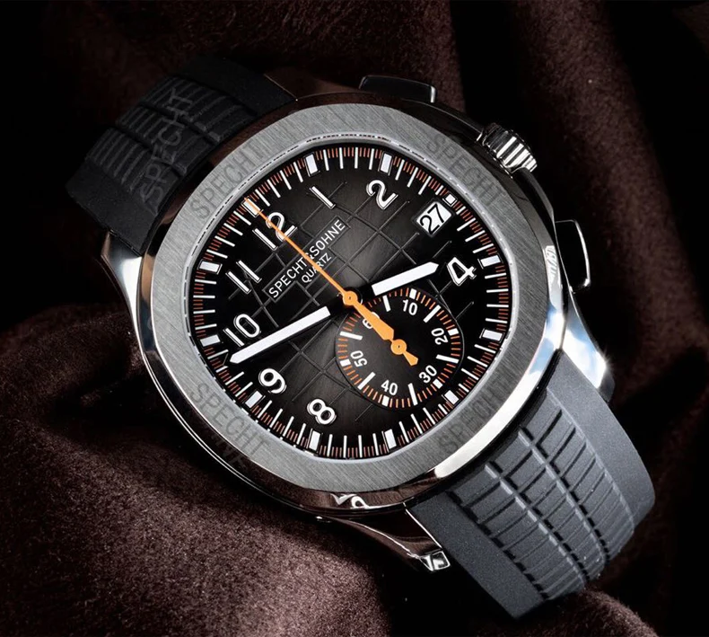 Specht & Söhne New Classic 5167 Men's Watch Orange Color Sapphire Crystal Rubber Srap Sports Male Quartz Watches 50M Waterproof