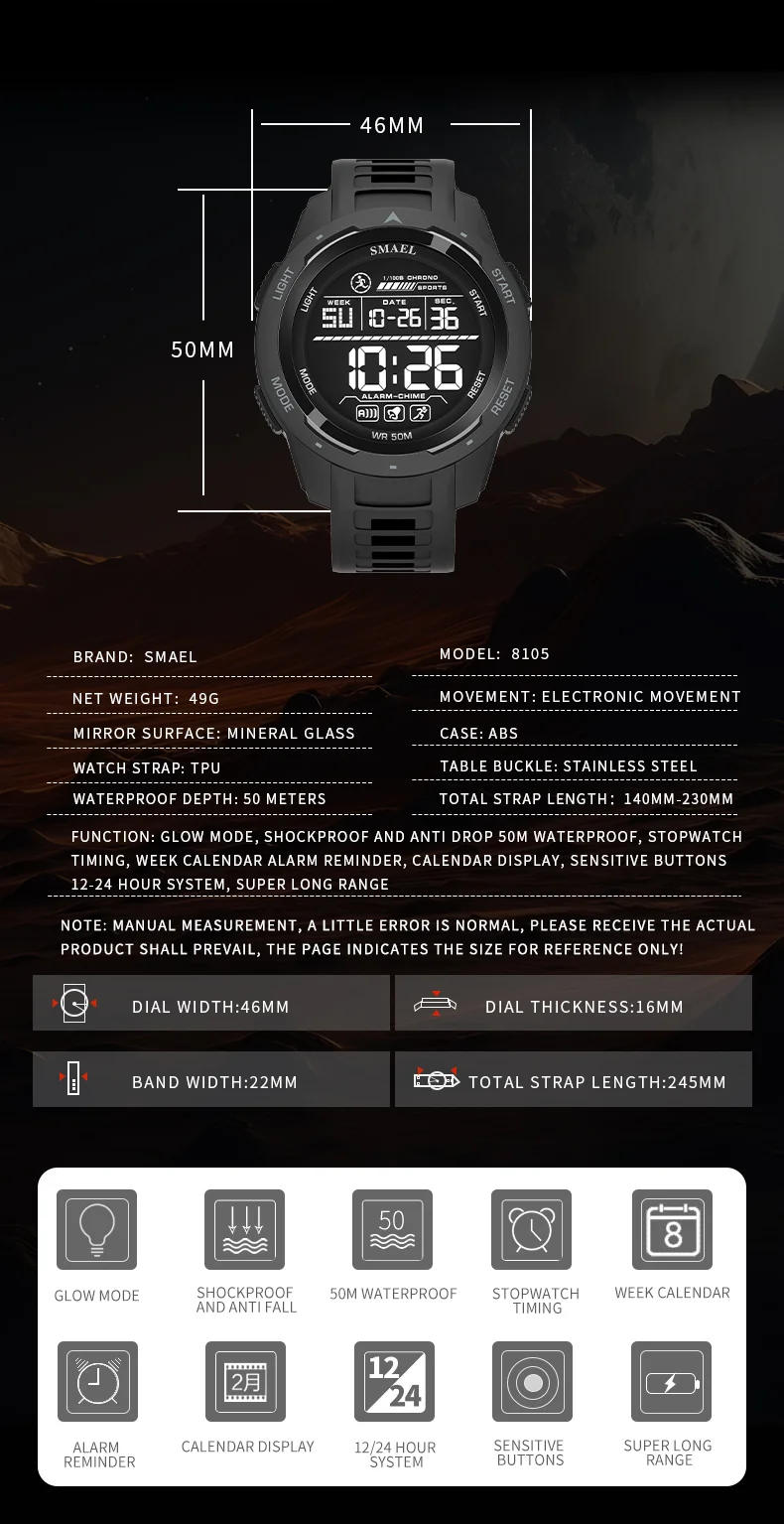 SMAEL 8105 Digital Watches Sports LED Wristwatches Men's 50m Waterproof Watch Digital Light Stopwatch Watch for Men