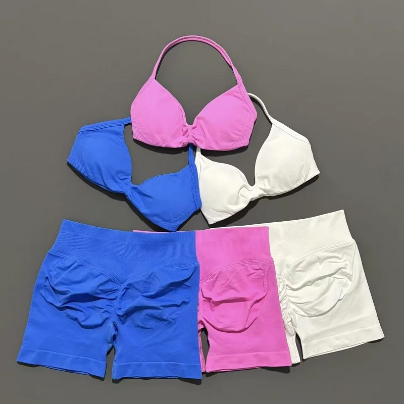 2 Pieces Yoga Gym Set Women Seamless Strappy Yoga Bra High Waist Workout Scrunch Shorts Sports Set Fitness Clothes Sportswear