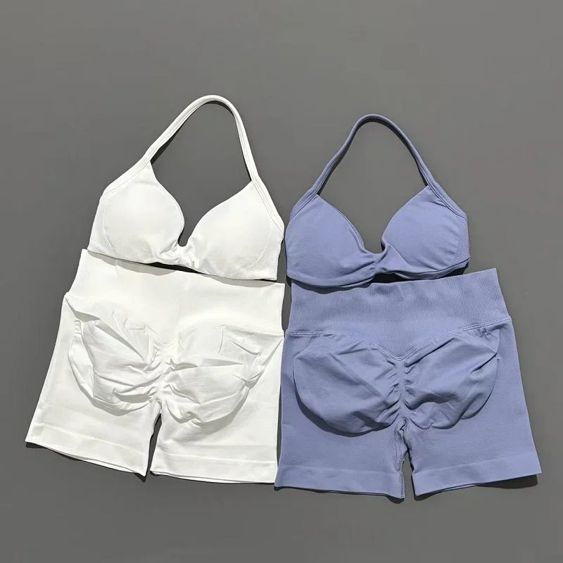 2 Pieces Yoga Gym Set Women Seamless Strappy Yoga Bra High Waist Workout Scrunch Shorts Sports Set Fitness Clothes Sportswear