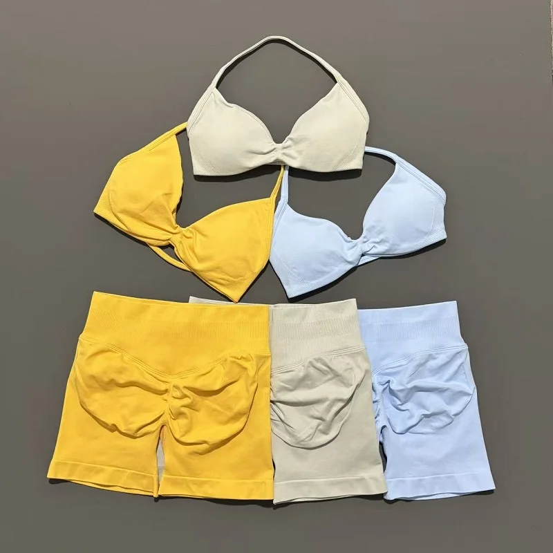 2 Pieces Yoga Gym Set Women Seamless Strappy Yoga Bra High Waist Workout Scrunch Shorts Sports Set Fitness Clothes Sportswear