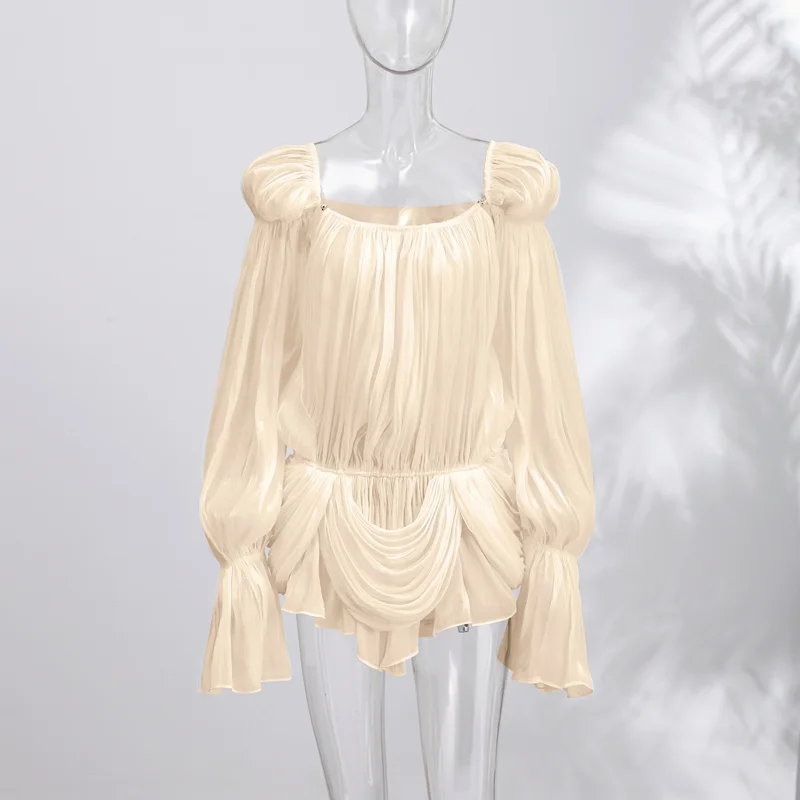 Satin Off Shoulder Pleated Mini Dress for Women Fashion Puff Sleeve Cinched Waist Prom Party Skirt 2026 NEW Summer Lady Dresses