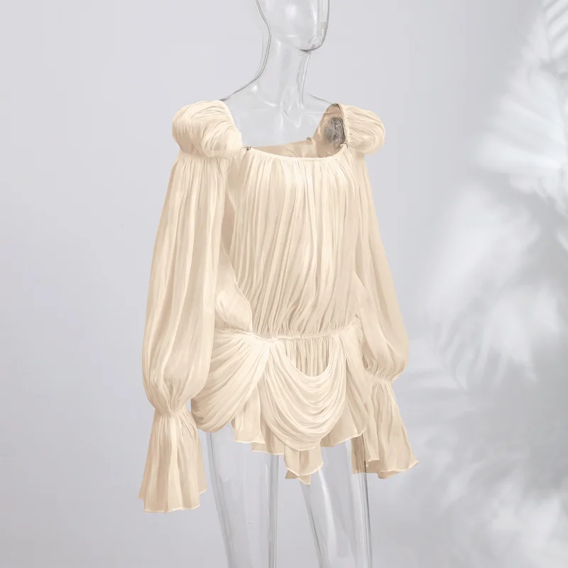 Satin Off Shoulder Pleated Mini Dress for Women Fashion Puff Sleeve Cinched Waist Prom Party Skirt 2026 NEW Summer Lady Dresses
