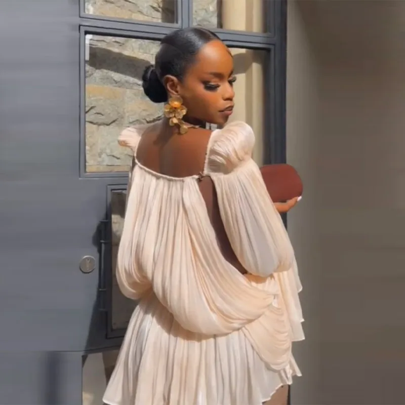 Satin Off Shoulder Pleated Mini Dress for Women Fashion Puff Sleeve Cinched Waist Prom Party Skirt 2026 NEW Summer Lady Dresses