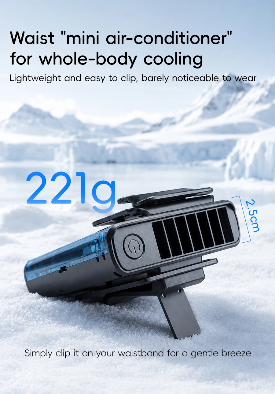 Multi-functional Waist Hanging Fan 4000mAh Mini Cooling Fan Five Speed Outdoor Portable Rechargeable Fan with Digital Display