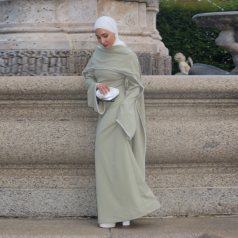 White Pearl Trim Cape Maxi Dress Women Elegant Long Sleeve Cinching Waist Muslim Robes 2026 Spring EID Abaya Lady Dresses