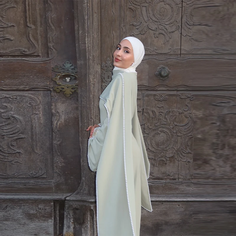White Pearl Trim Cape Maxi Dress Women Elegant Long Sleeve Cinching Waist Muslim Robes 2026 Spring EID Abaya Lady Dresses