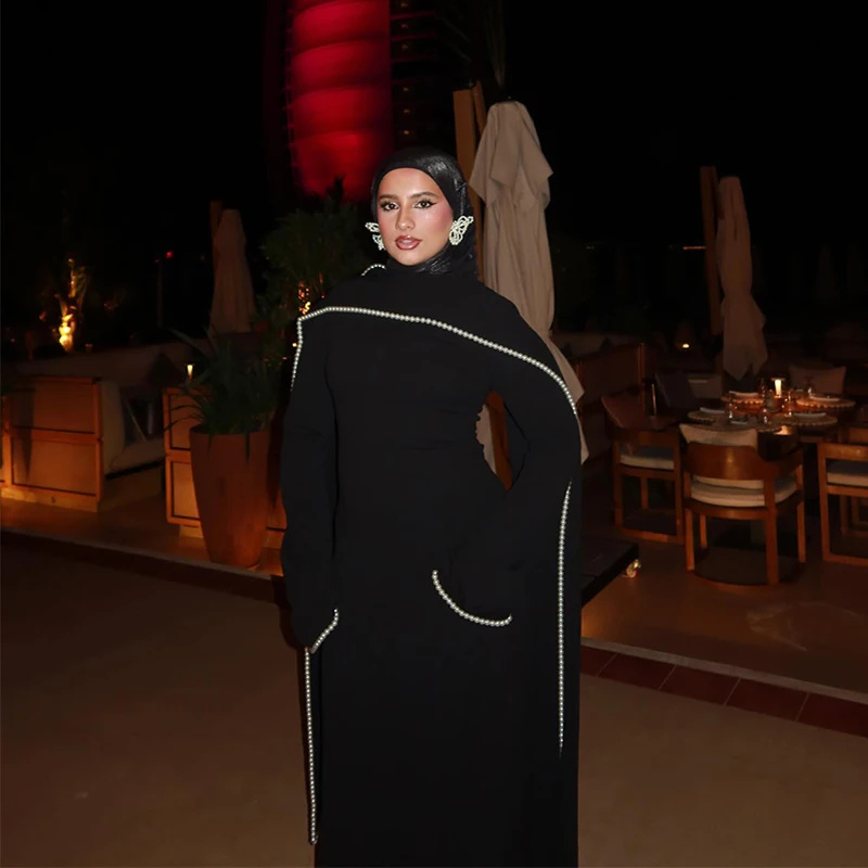 White Pearl Trim Cape Maxi Dress Women Elegant Long Sleeve Cinching Waist Muslim Robes 2026 Spring EID Abaya Lady Dresses