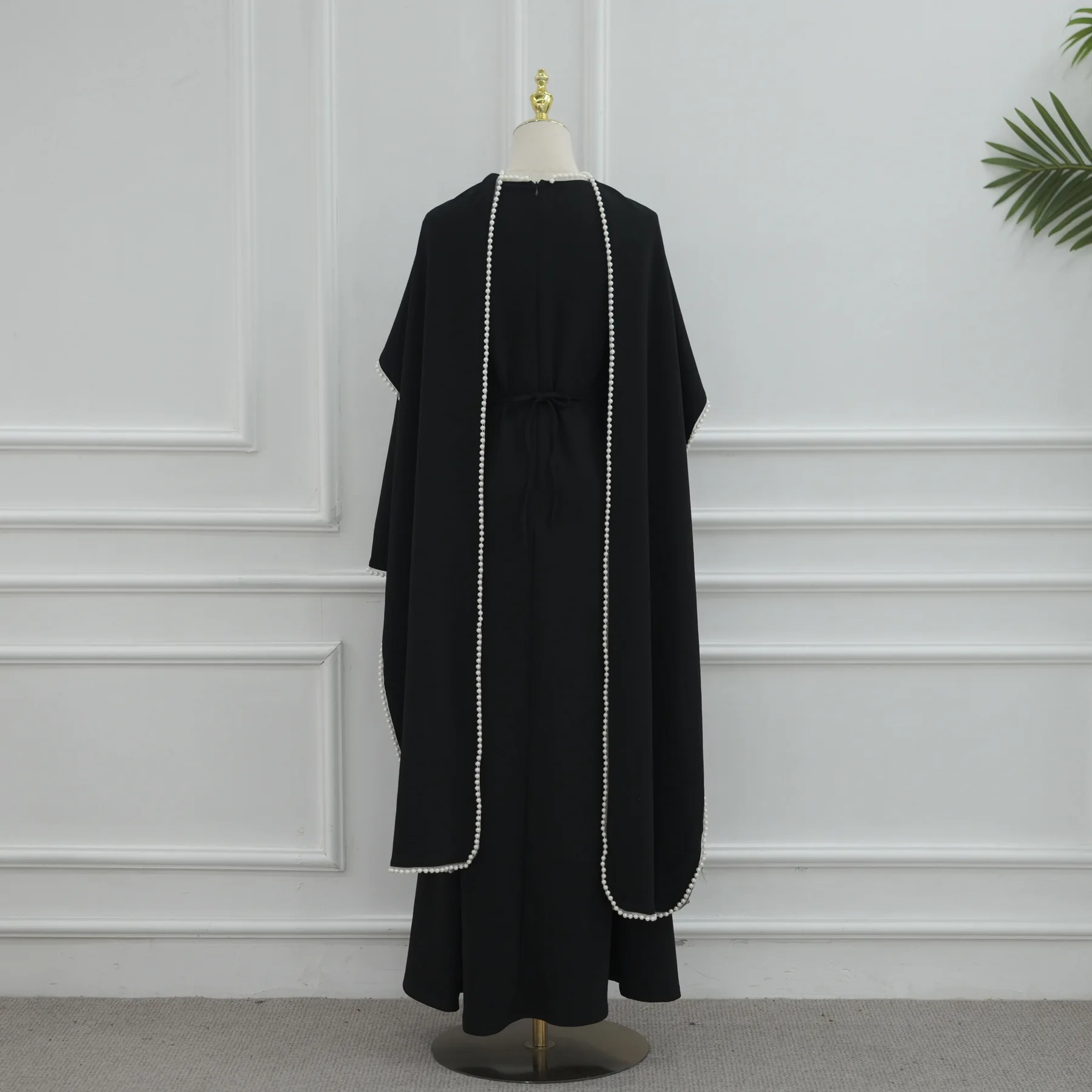 White Pearl Trim Cape Maxi Dress Women Elegant Long Sleeve Cinching Waist Muslim Robes 2026 Spring EID Abaya Lady Dresses