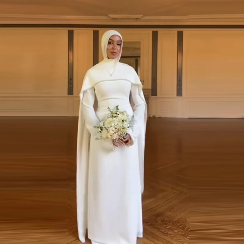White Pearl Trim Cape Maxi Dress Women Elegant Long Sleeve Cinching Waist Muslim Robes 2026 Spring EID Abaya Lady Dresses