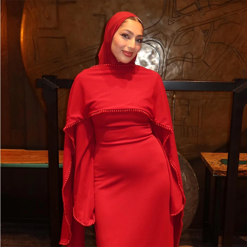 White Pearl Trim Cape Maxi Dress Women Elegant Long Sleeve Cinching Waist Muslim Robes 2026 Spring EID Abaya Lady Dresses
